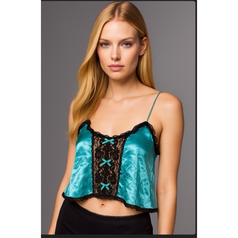 Frederick’s Of Hollywood Vintage Y2K Teal and Black Lace Bow Accent Camisole L